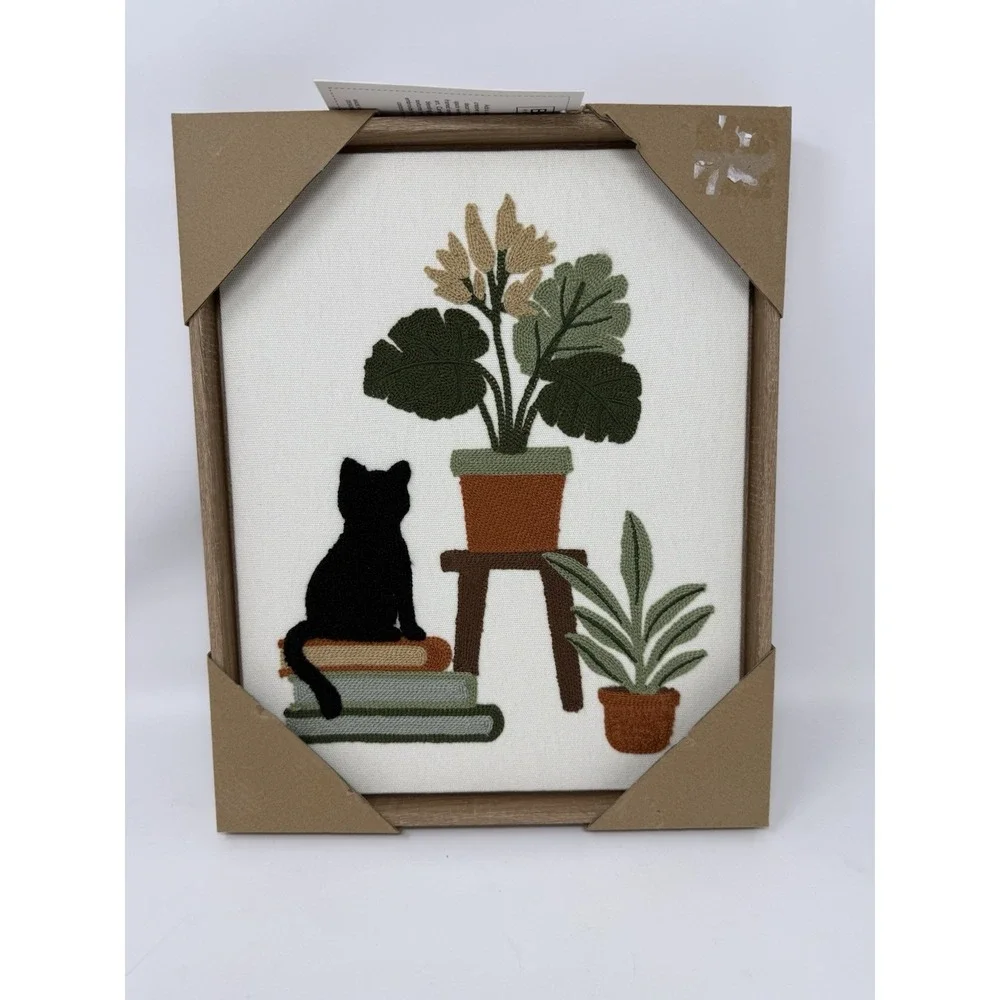 New BP Home Woven Embroidered Textile Wall Art Black Cat On Books 12